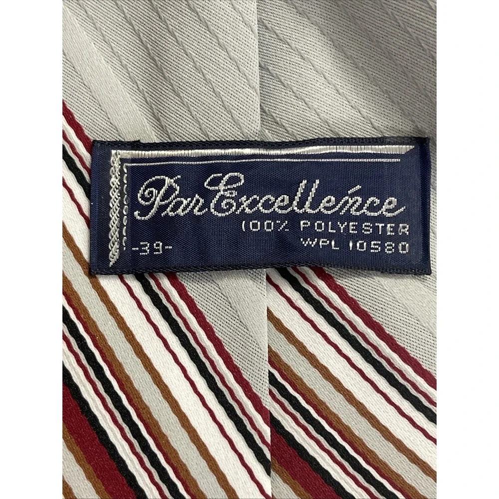 Par Excellence Men's Necktie Tie Polyester Gray W/Maroon & White Stripe Wide Vtg